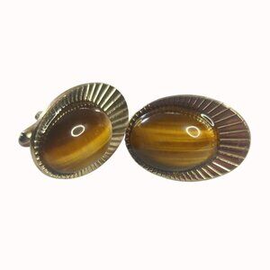 Vintage Shields Tigers Eye Gold Tone Cufflinks Oval Mid Century Modern